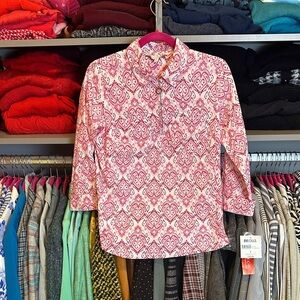 Coral Bay pink/whitt 3/4 sleeve front zipper closure top size S NWT